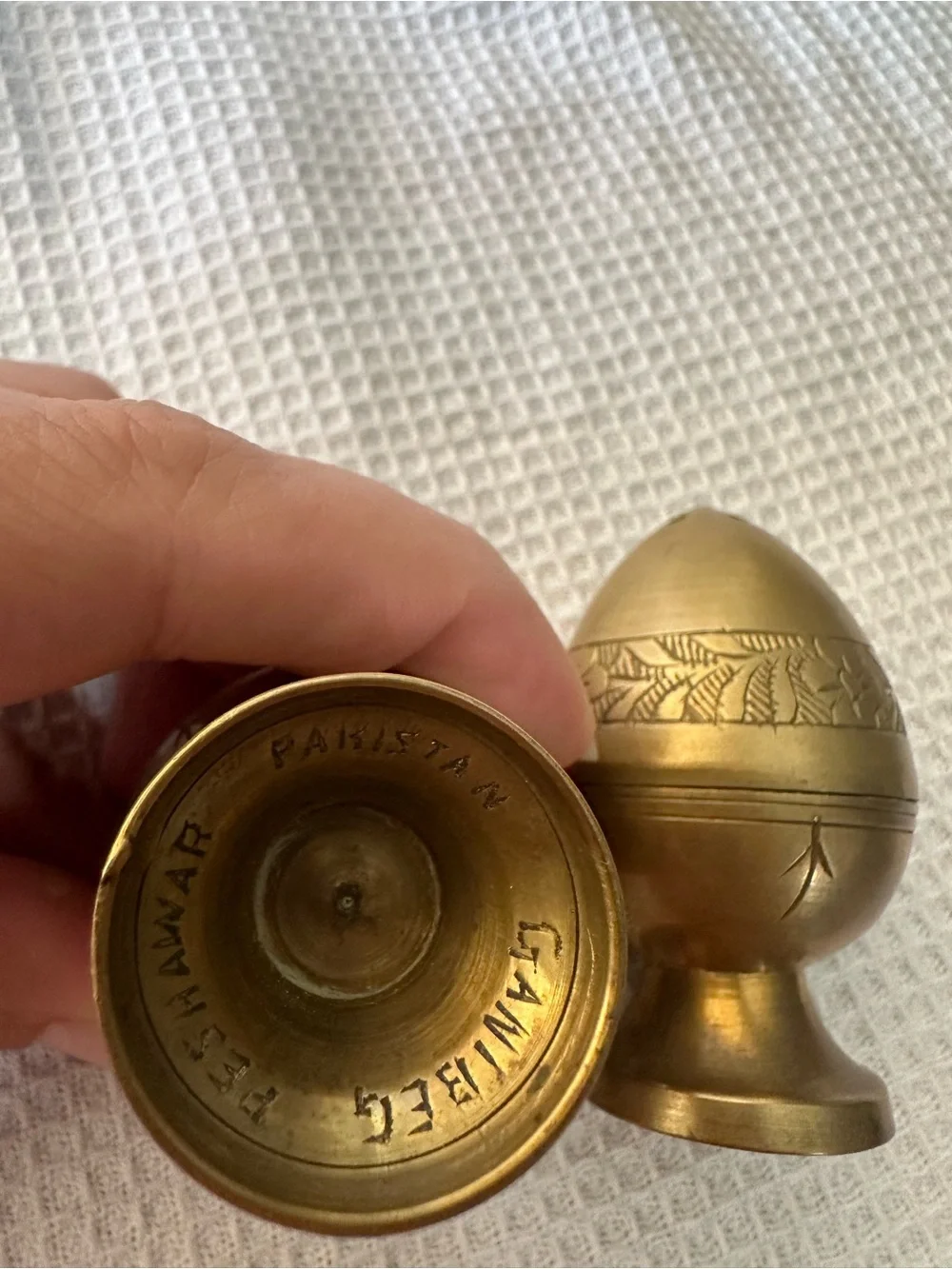 Vintage Hand-Etched Brass Egg Shaker Set - Peshawar Pakistan - Ganibeg Signed
